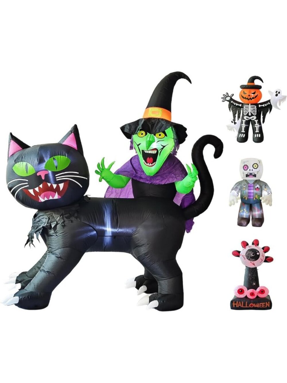 8ft Inflatable Witch on Black Cat - Halloween Decor, Spooky Yard Decoration